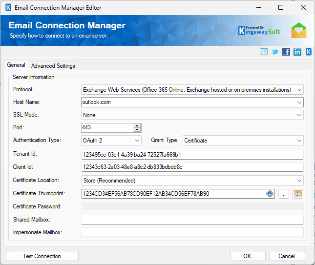 Email Connection Manager - Certificate
